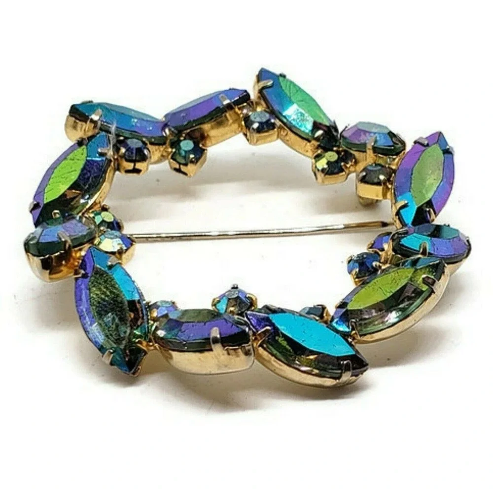 Vintage Brooch Blue Purple Pin  Rhinestone Estate
